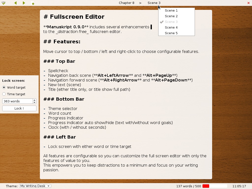 Manuskript with all fullscreen editor features shown