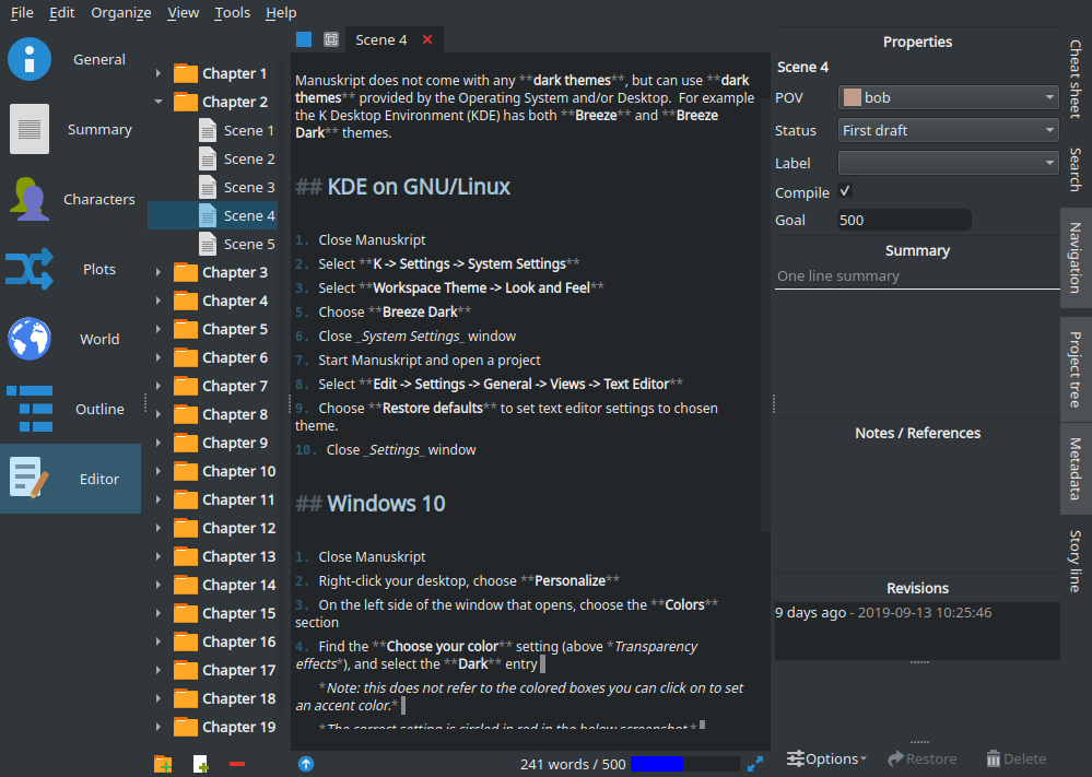 Manuskript on KDE with Breeze Dark theme