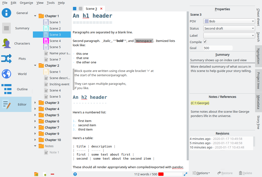 Manuskript Editor Pane with Markdown Content